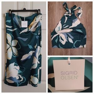 Sigrid Olsen Two-Piece Jade Green Floral Halter Top and Faux Wrap Skirt ** SZ M